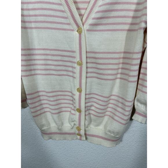 Vintage Andrew St John Sweater Cardigan Size L Pink Striped Acrylic Grandpa Y2K - Picture 4 of 10